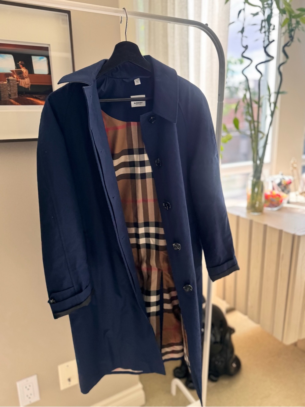Burberry Navy Trench Coat with Beige Signature Check Lining US 2 New